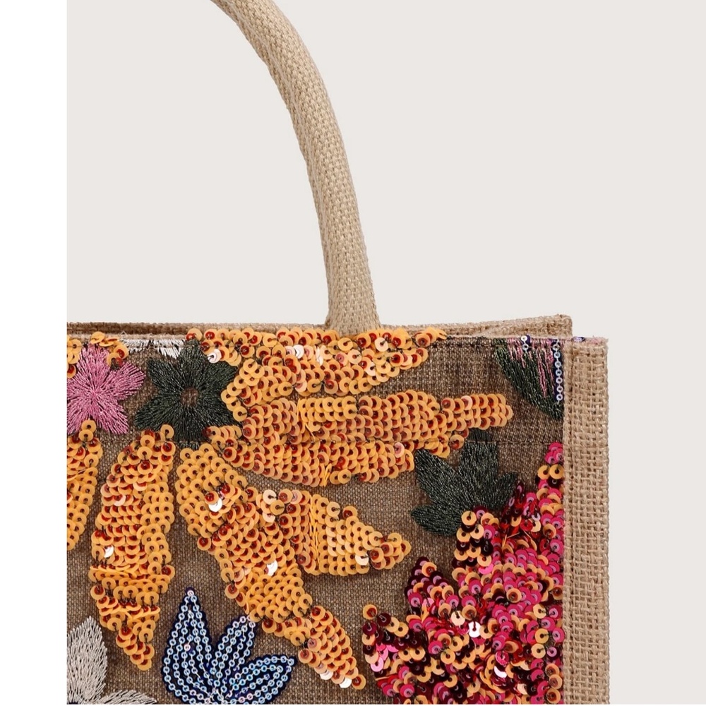 Boho Sequin Embroidered Burlap Medium Size Tote Bag - Picture 6 of 11